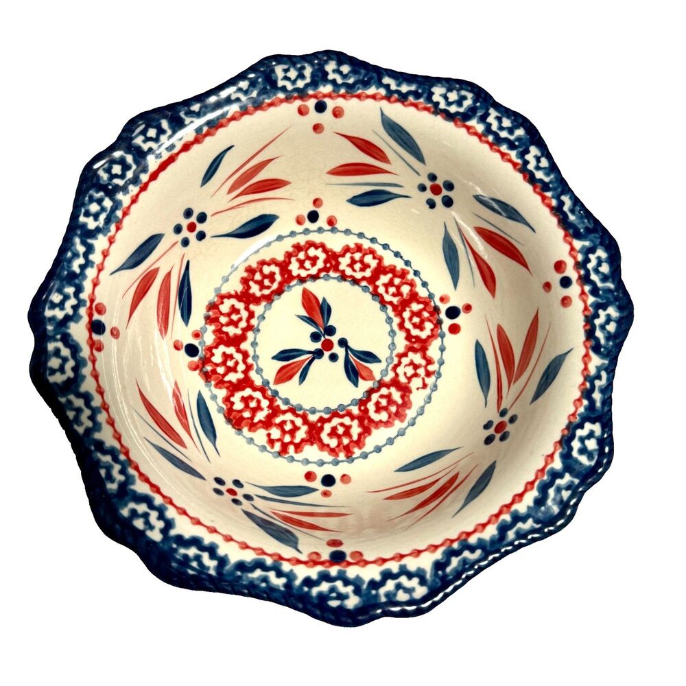 Temp-tations Old World Fireworkfetti red wht blu hand-painted, 7 soup bowls